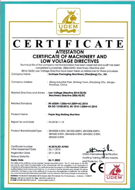 China Sunhope Packaging Machinery (Zhenjiang) Co., Ltd. certificaciones